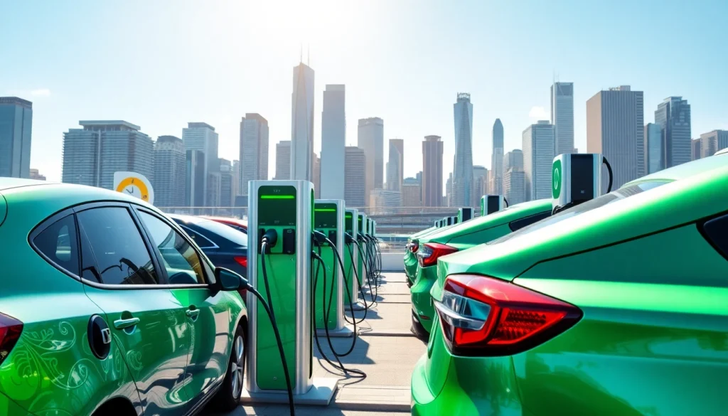 Showcasing EV charging solutions with multiple electric vehicles at a modern charging station.