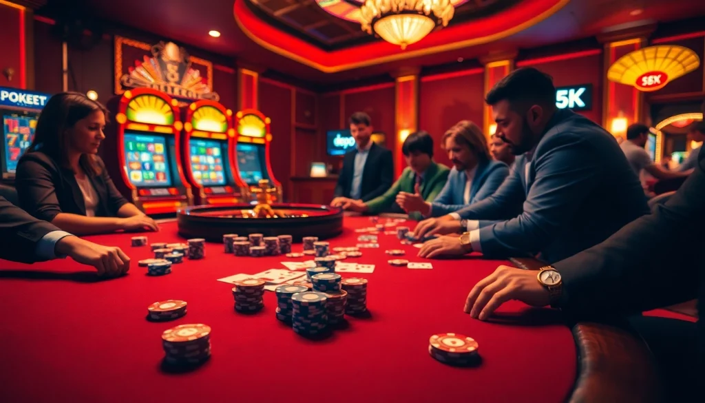 Rasakan sensasi permainan kasino dengan chip poker Depo 5k dan mesin slot yang berwarna-warni.