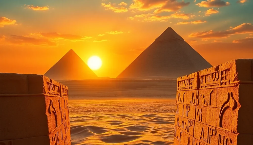 Visually stunning pyraminds illuminated by sunset, showcasing ancient Egyptian architecture.