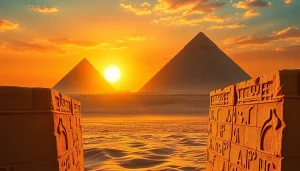 Visually stunning pyraminds illuminated by sunset, showcasing ancient Egyptian architecture.