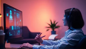 Engaging with an AI avatar in an ai sex chat setting, showcasing emotional connection and futuristic technology.