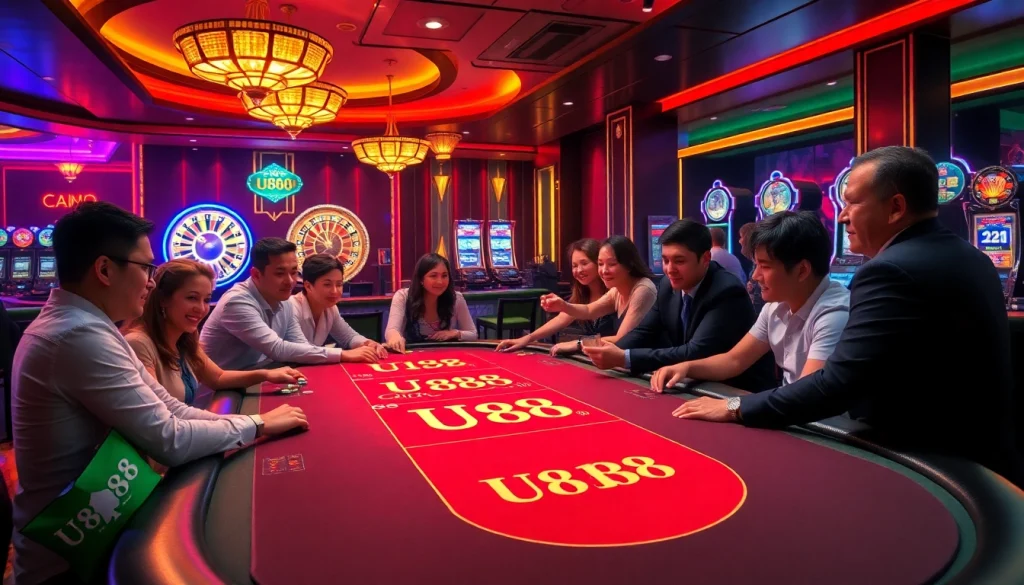 Experience high stakes at U888's vibrant poker table amid luxurious casino ambiance.