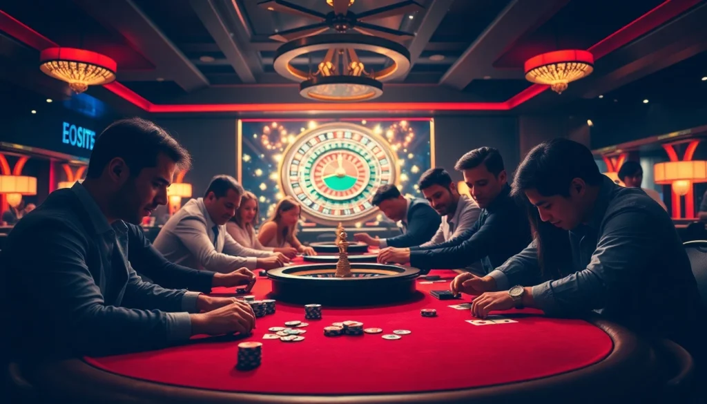 Excited players engaging at a vibrant poker table at https://hanoiculturetravel.com/ casino with colorful chips and cards.