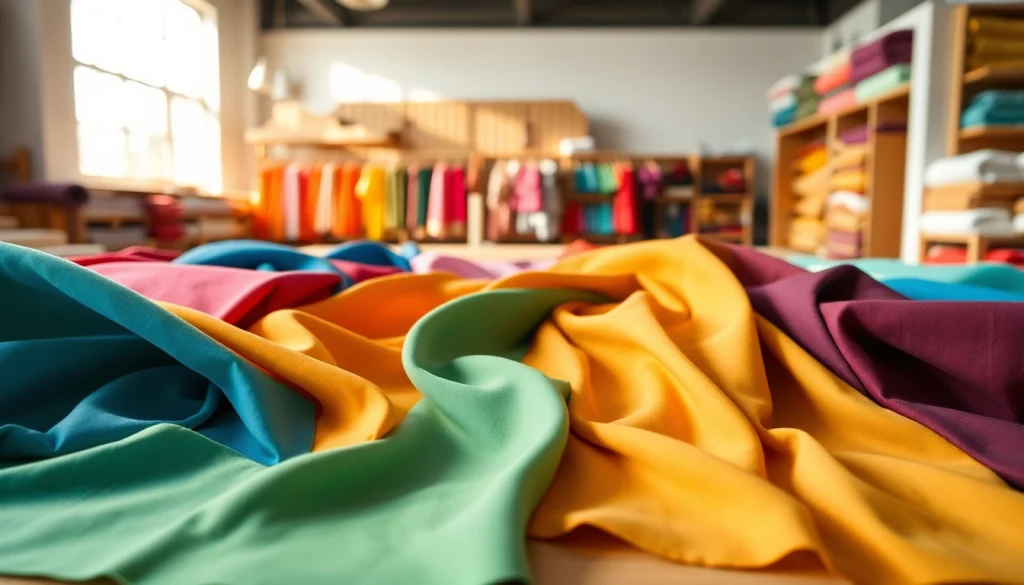 Vibrante poplin stoffen in een stralende stoffenwerkplaats.