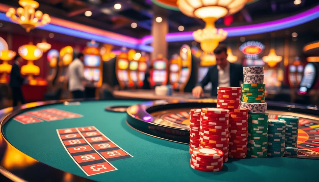 Engaging casino scene at RR88 featuring a roulette table and vibrant slot machines.