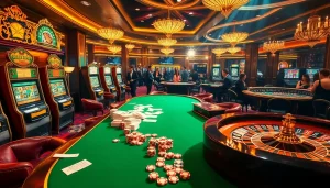 RR88 casino scene showcasing players enjoying poker and slot machines in a vibrant atmosphere.