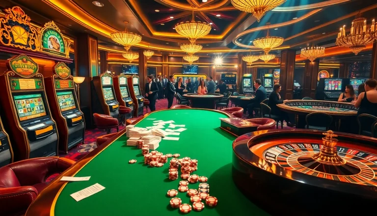 RR88 casino scene showcasing players enjoying poker and slot machines in a vibrant atmosphere.