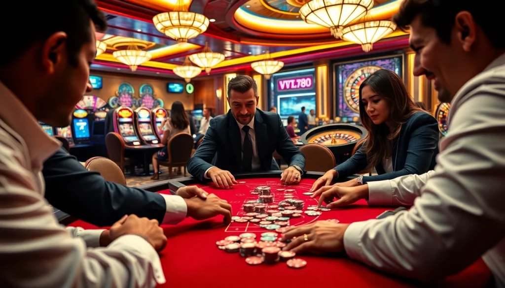 Players engaging at a high-stakes poker table in a luxurious VT88 casino setting.