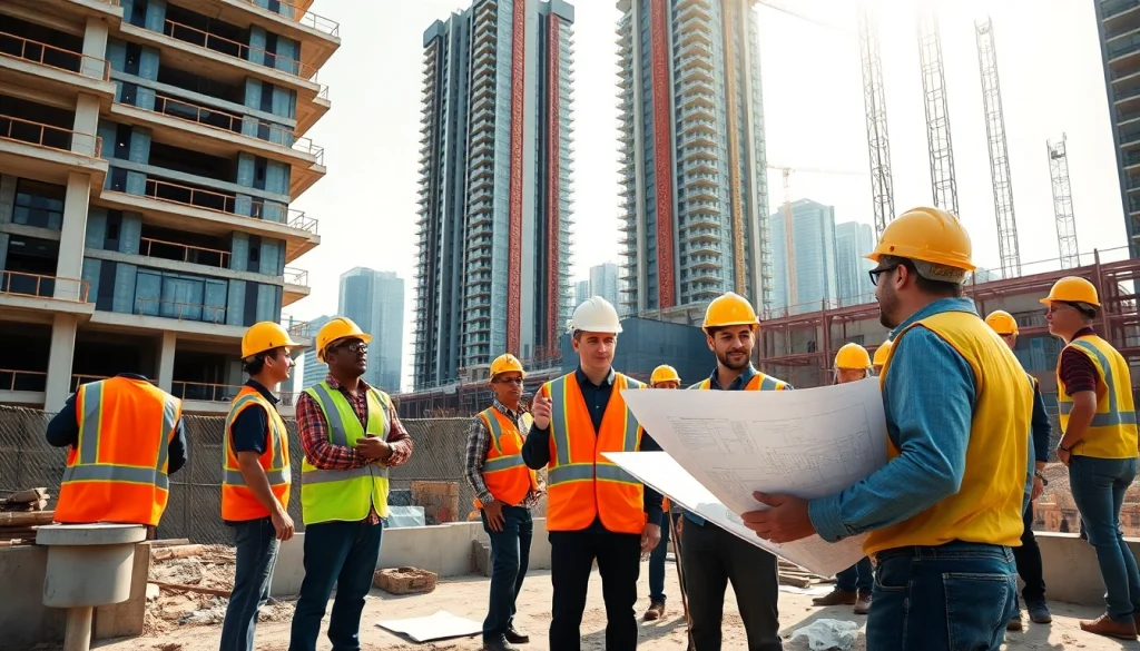 Manhattan General Contractor analyzing plans on a construction site with team collaboration.