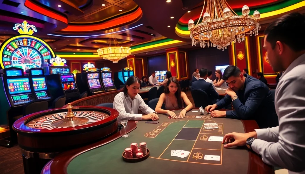 Players enjoying thrilling games at raja toto88's luxurious casino, surrounded by vibrant tables and slot machines.