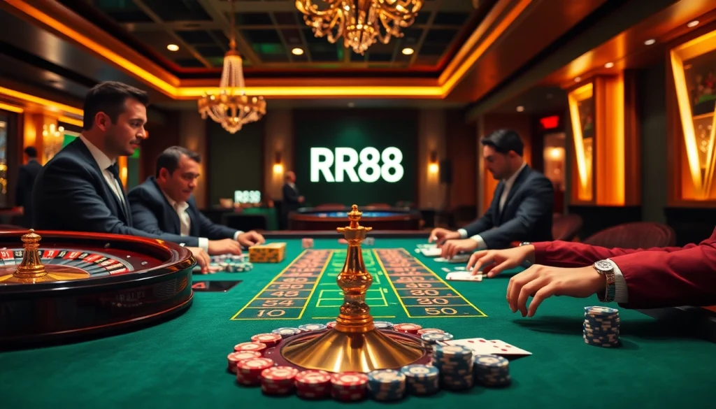 Gamers enjoying high-stakes poker at RR88 casino, showcasing excitement and table action.