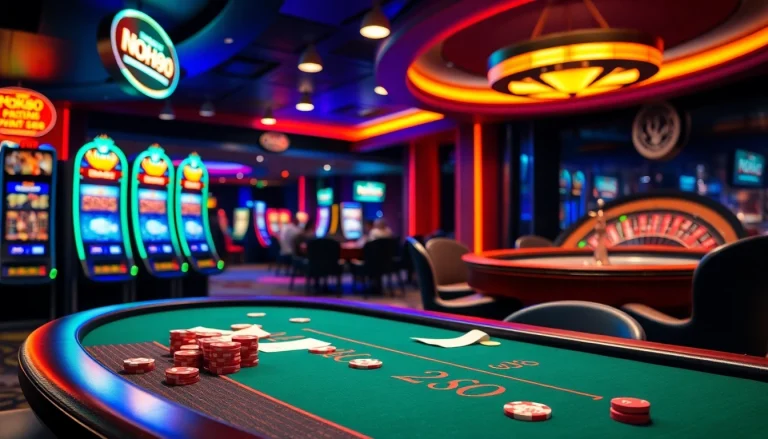 Exciting casino action featuring NOHU90 at a poker table with colorful chips and slots.