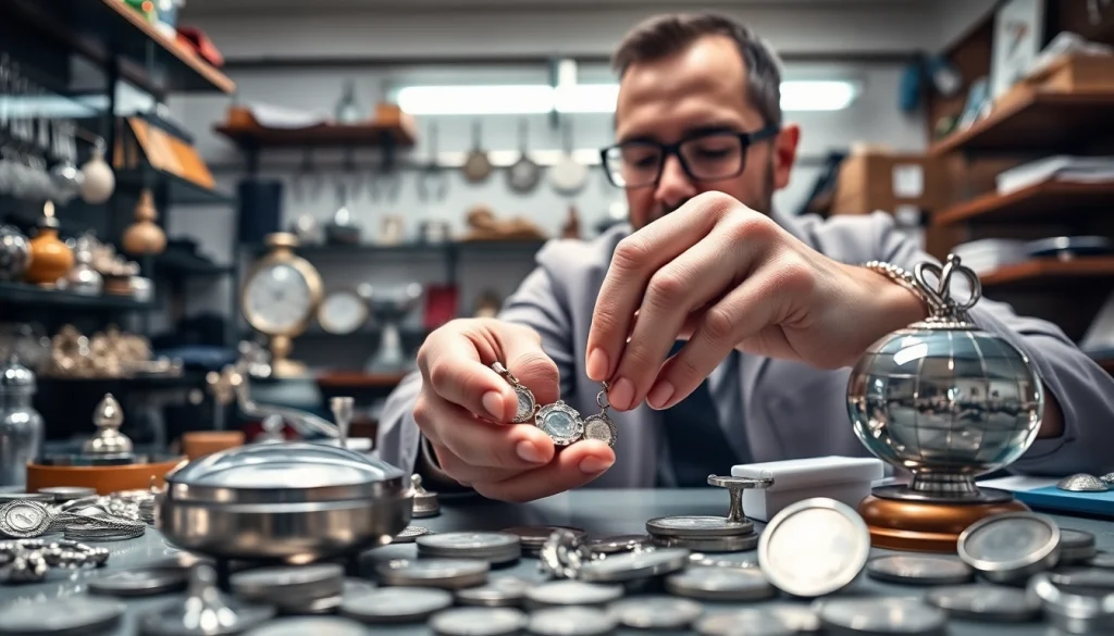 Valutazione di argento da compro argento con esperto e strumenti in un ambiente professionale.