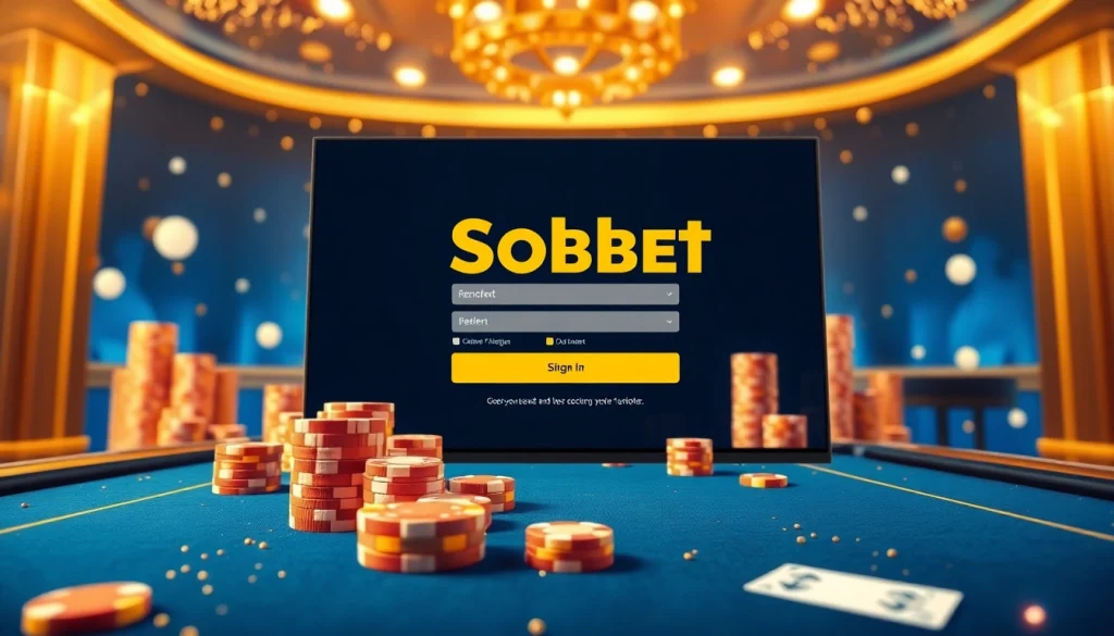 Sbobet login terbaru interface inviting users with vibrant casino elements and exciting betting atmosphere.