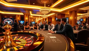 MMOO themed high-stakes casino atmosphere featuring engaging players at poker tables.