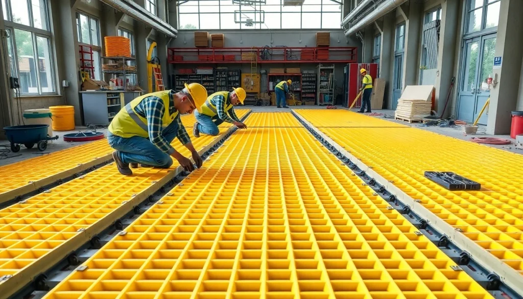 GRP Grating Supplier showcasing professionals installing durable fiberglass grating.