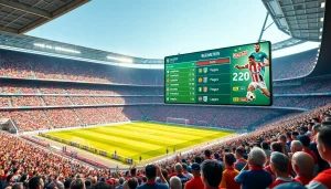 View of the digital scoreboard displaying ผลบอลเมื่อคืนนี้ทุกลีก with a lively crowd background in a soccer stadium.