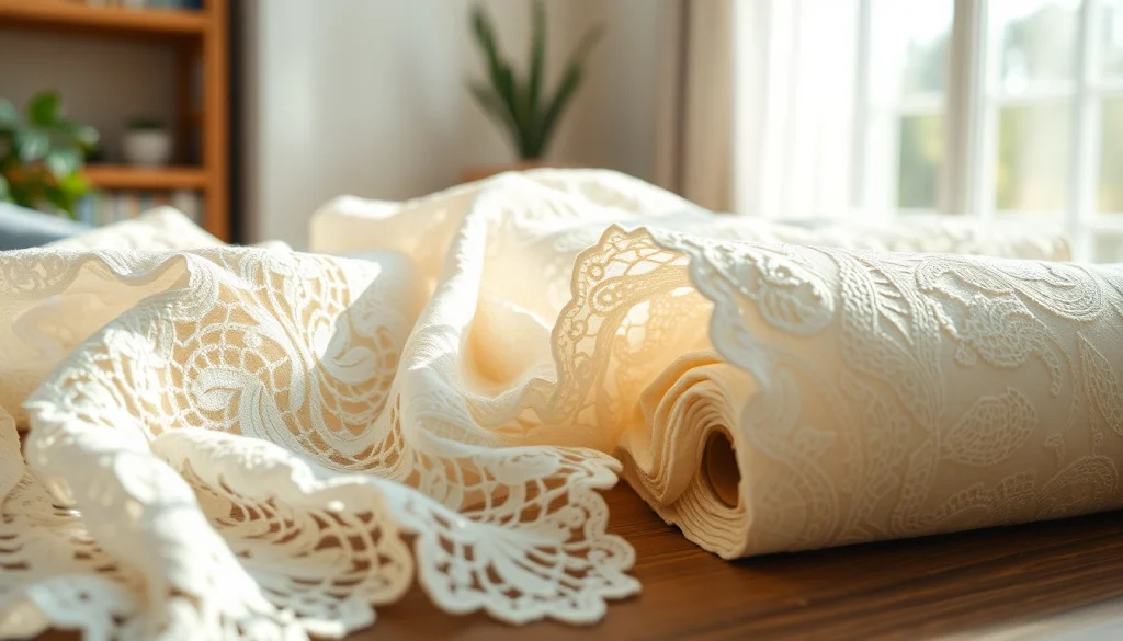 Kanten stof per meter, prachtige rol van delicaat kant met intrigerende patronen en designs.