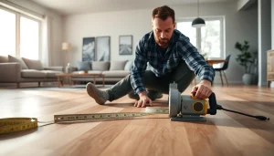 Flooring installation demonstrating precision in a bright modern home setting.
