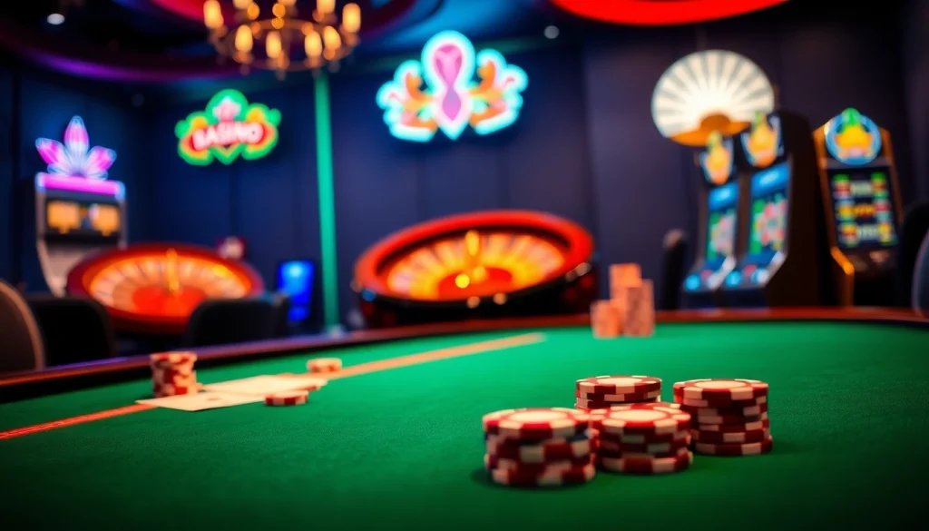 Scène captivante de casino en ligne présentant des jetons de poker et des cartes à jouer sur une table de poker luxueuse.