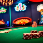 Scène captivante de casino en ligne présentant des jetons de poker et des cartes à jouer sur une table de poker luxueuse.