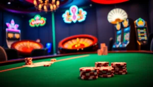 Scène captivante de casino en ligne présentant des jetons de poker et des cartes à jouer sur une table de poker luxueuse.