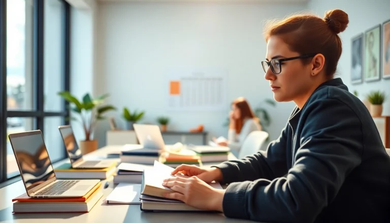 Engaged student utilizing certification exam support resources in a bright study space.