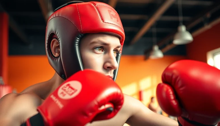 Aktiver Boxsportler mit kopfbedeckender Boxschützer, zeigt Konzentration und Professionalität.