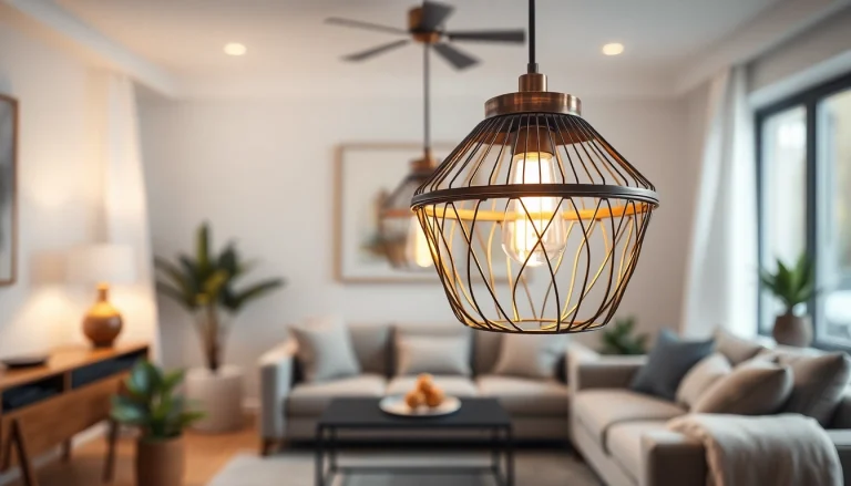 Shop ModernLighting with a sleek metal pendant illuminating a stylish living room.