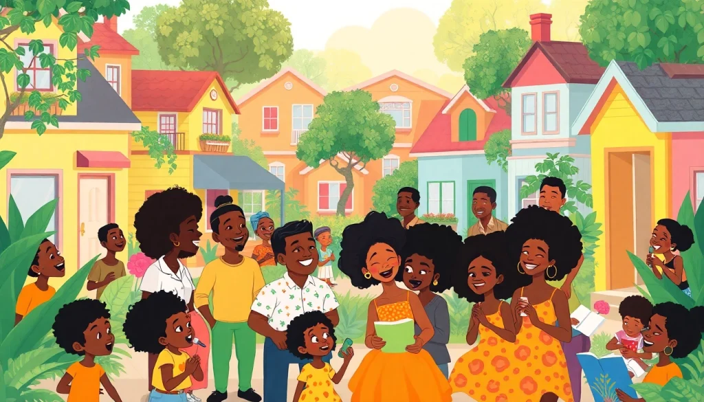 A lively scene featuring diverse animated characters inspired by African American cartoons, celebrating culture and community.