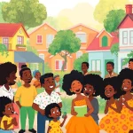 A lively scene featuring diverse animated characters inspired by African American cartoons, celebrating culture and community.