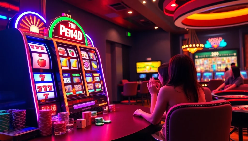 Players winning big on the Pen4D slot machine in an exciting casino atmosphere filled with vibrant colors.