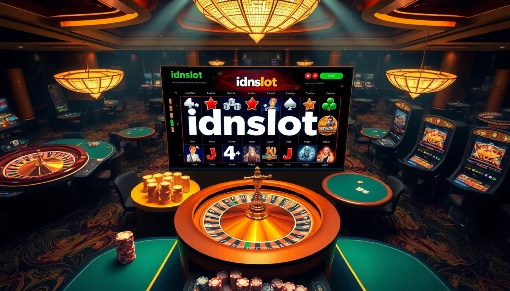 Engage with idnslot's dynamic gaming experience, featuring a luxurious online casino atmosphere filled with vibrant slot machines and tables.