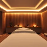 편안한 포항스웨디시 서비스를 위해 디자인된 따뜻한 분위기와 자연 요소가 어우러진 마사지 치료실.