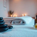 차분한 색상과 평온한 분위기의 스웨디시 마사지 요법 설정.