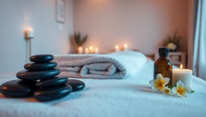 차분한 색상과 평온한 분위기의 스웨디시 마사지 요법 설정.