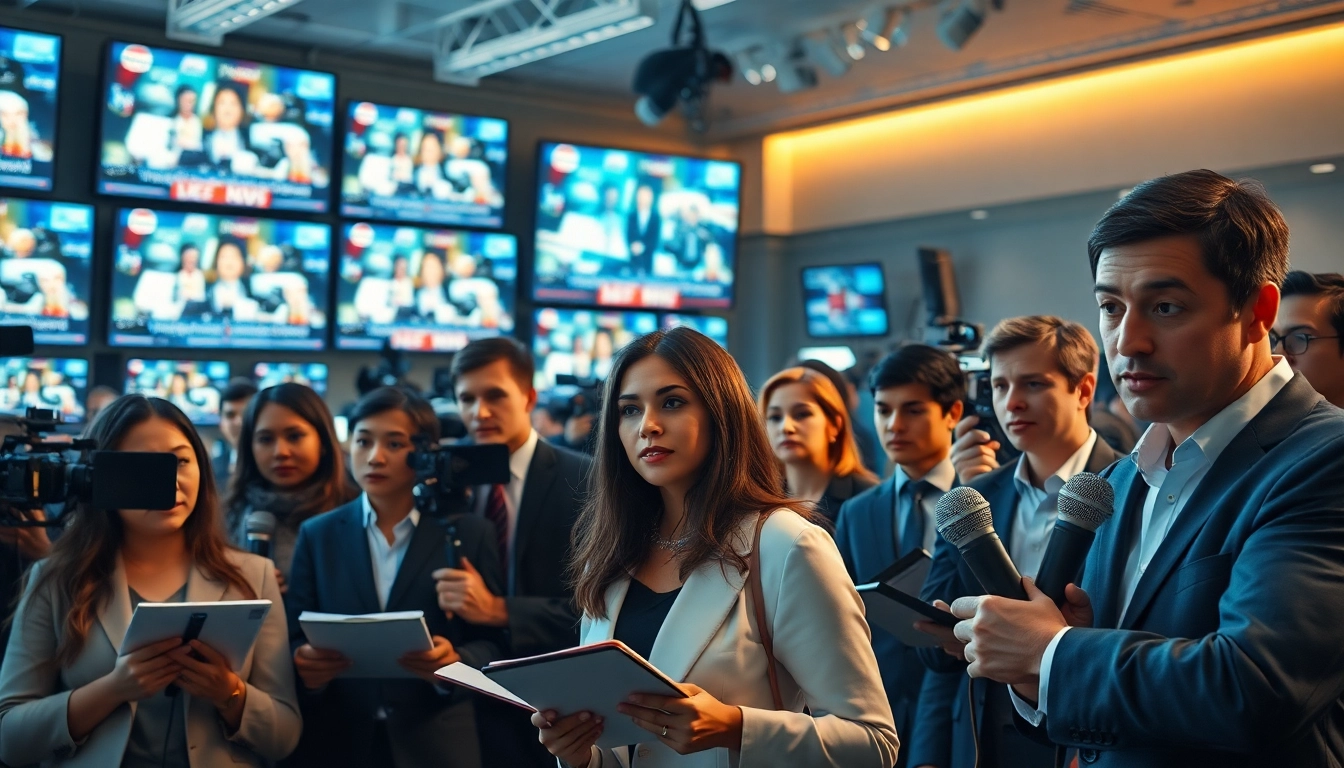 Capture breaking news events with active reporters in a bustling newsroom.