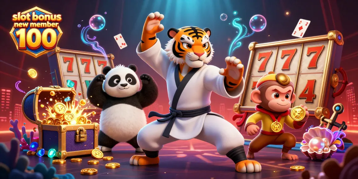 Spin to win with the slot bonus new member 100 promotion featuring 3D casino characters.