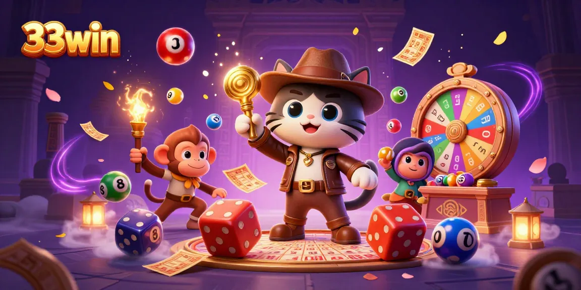 Experience excitement at 33win with a vibrant scene of a cartoon explorer uncovering casino treasures.