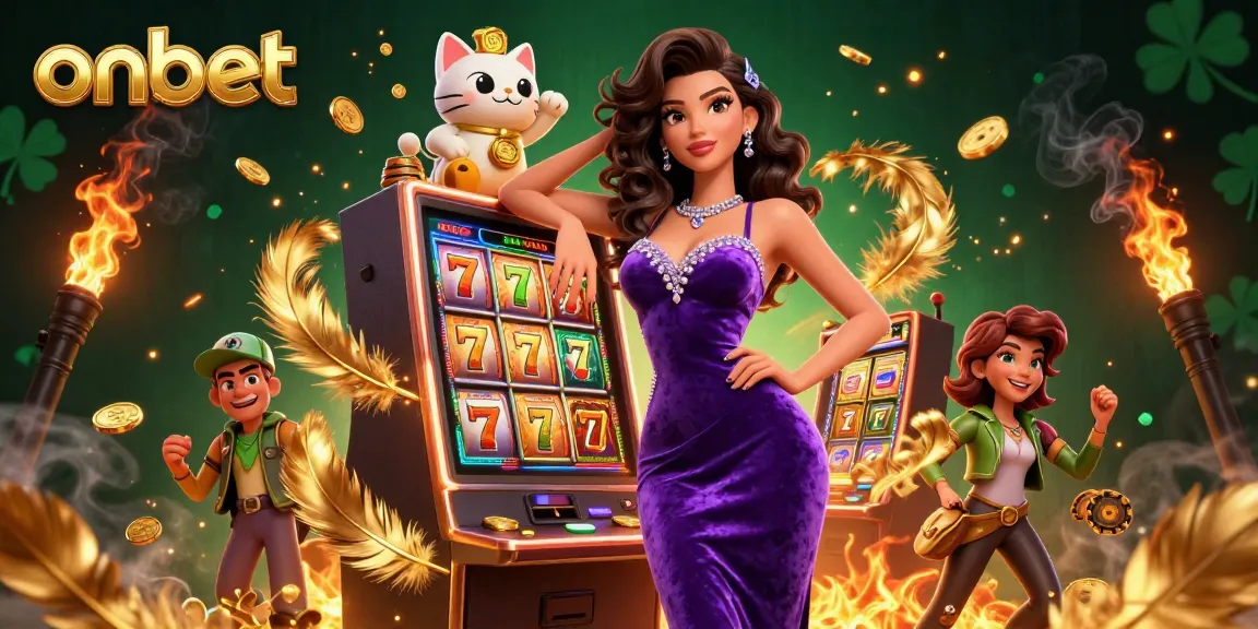 Experience the thrilling onbet jackpot with a glamorous woman and a lucky cat mascot amidst winning coins.