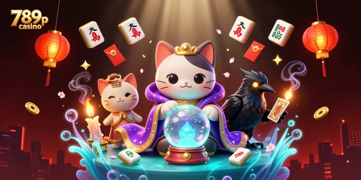 Join the 789p casino adventure with a cartoon cat and raven amidst vibrant game elements.
