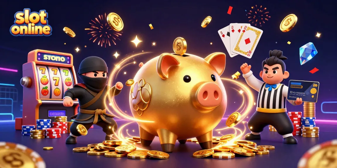Engage in slot online adventures with a dynamic scene featuring a golden piggy bank sumo wrestler and exciting game elements.