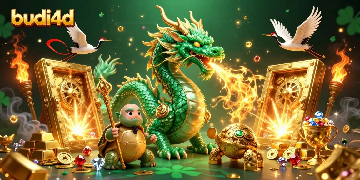 Budi4d offers thrilling slot experiences with a jade dragon, golden treasures, and vibrant casino elements.