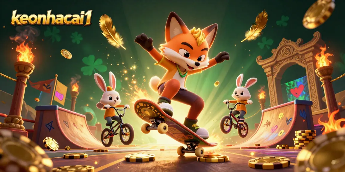 Betting with keonhacai1: Skateboarder fox and BMX rabbit amidst casino-themed excitement.