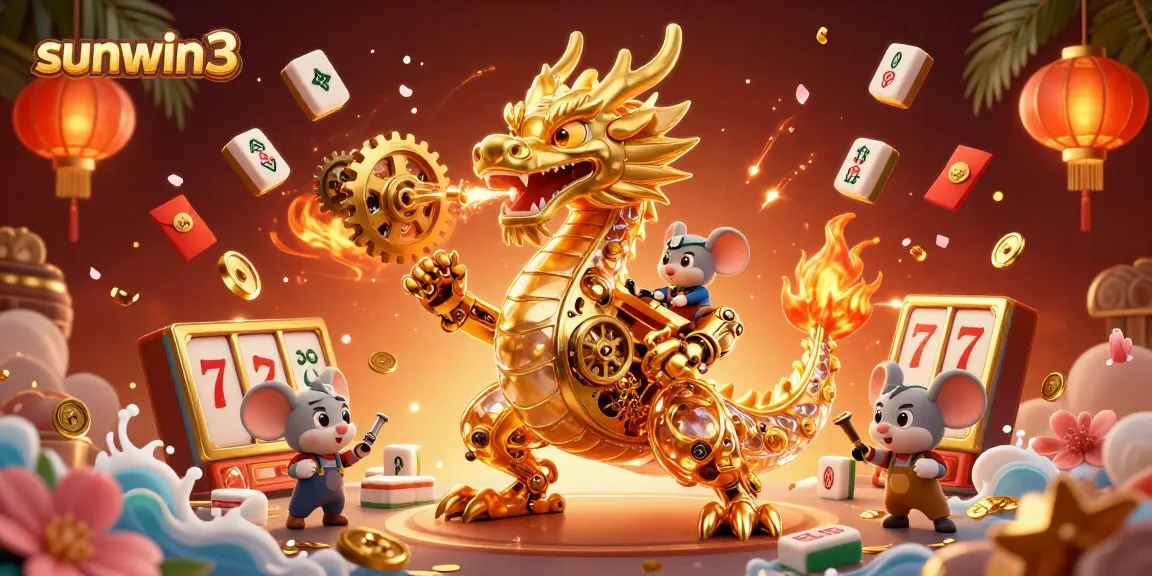 Engage with sunwin3 in a dynamic 3D casino scene featuring a golden dragon and vibrant gaming elements.