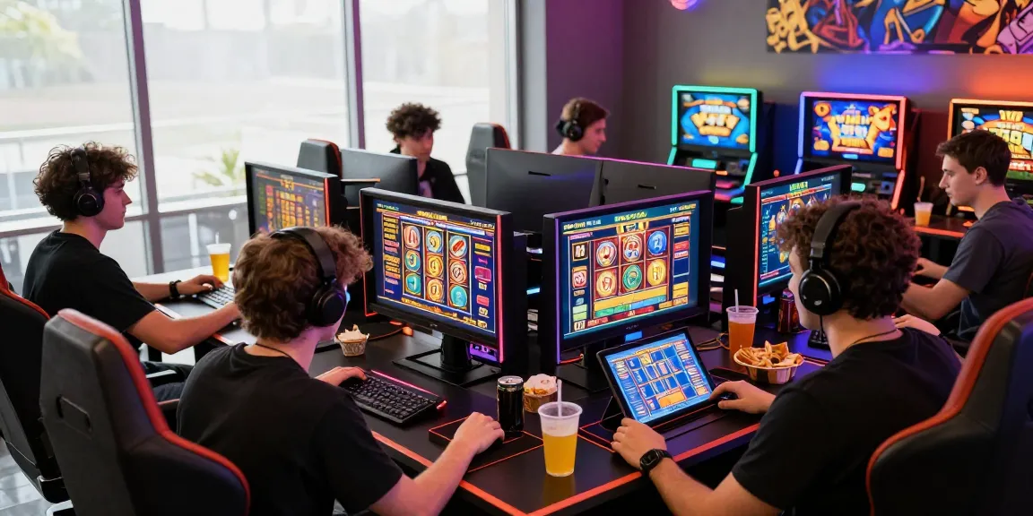 Exciting online gaming session featuring slot77 on multiple screens in a vibrant gaming den.