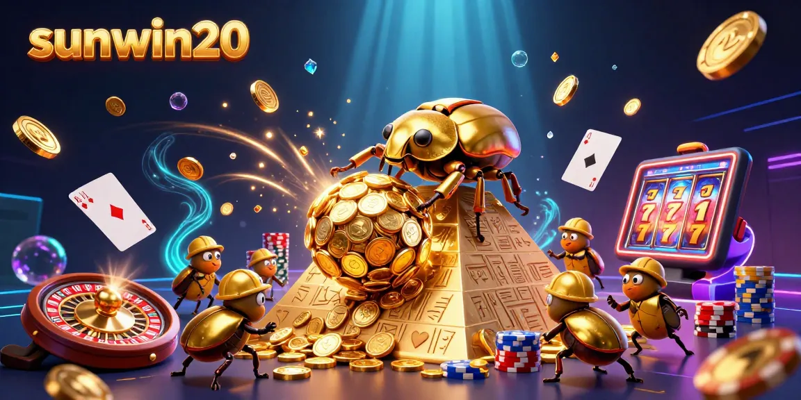 Experience sunwin20’s thrill with a golden beetle rolling coins amidst vibrant casino elements
