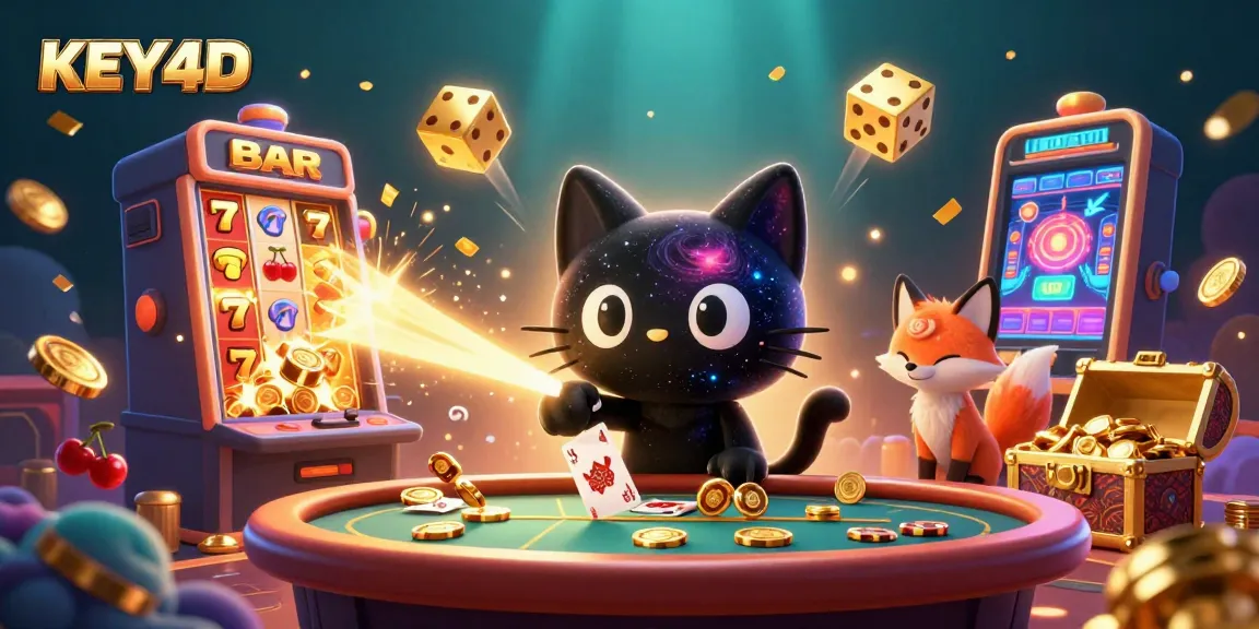 Bermain dengan KEY4D, kucing lubang hitam 3D menarik chip emas di kasino kosmik.