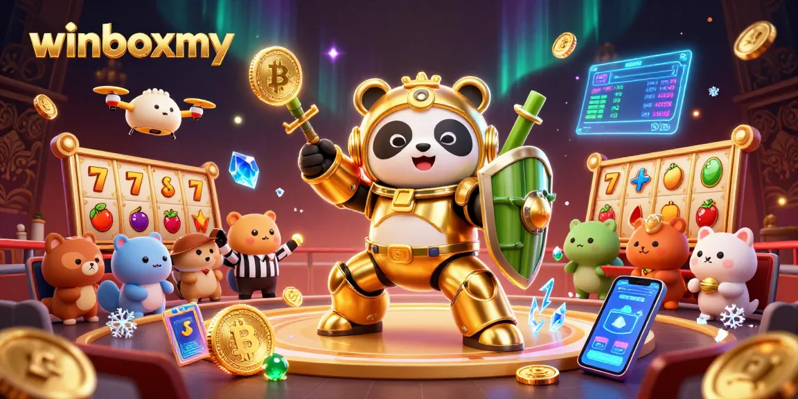 Experience thrilling gameplay with winboxmy's captivating casino scene, featuring vibrant slot symbols and crypto elements.