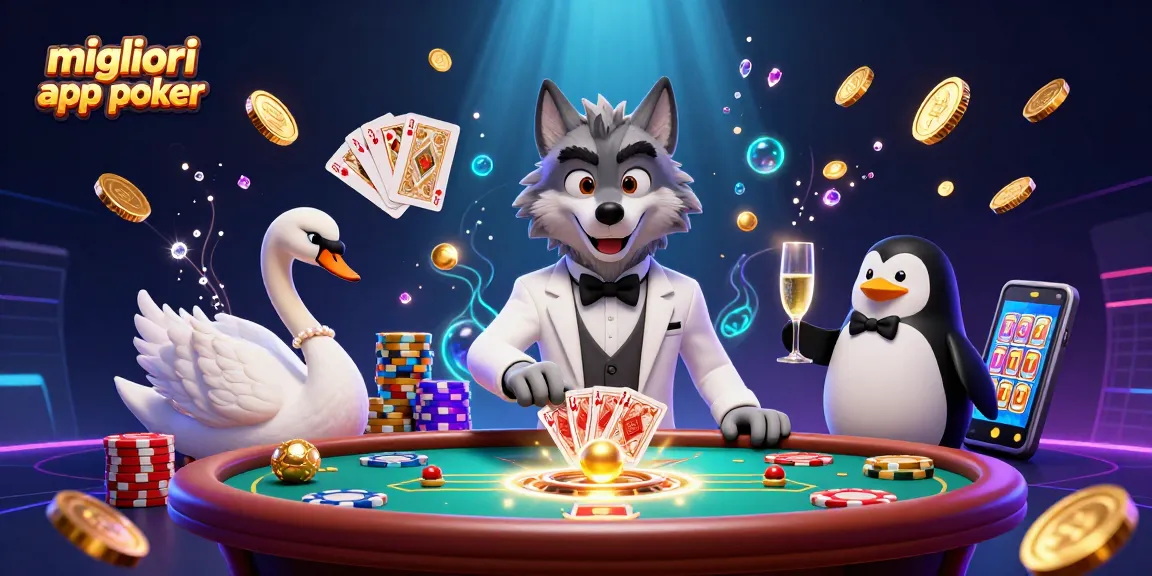 I migliori app poker in un'illustrazione accattivante e vivace, con una scena ricca di dettagli e personaggi unici.